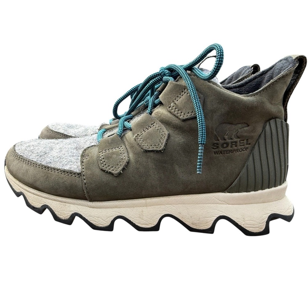 Sorel Kinetic Caribou Women's 6.5 Waterproof Olive Green Gray Felt Lace Up Boots
